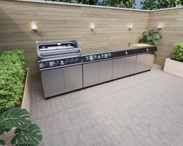 Beefmaster Deluxe 4 Burner Outdoor Kitchen with Range, Sink & Bench on Deluxe Carts