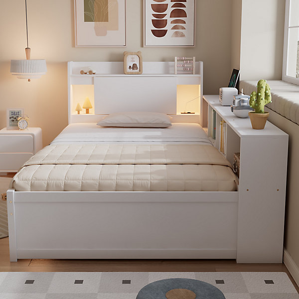 Lit Simple 90x200 cm - avec Rangement, Tiroirs sous le Lit, Chargeur et Lumière Intégrée, en MDF Blanc, Sans Matelas
