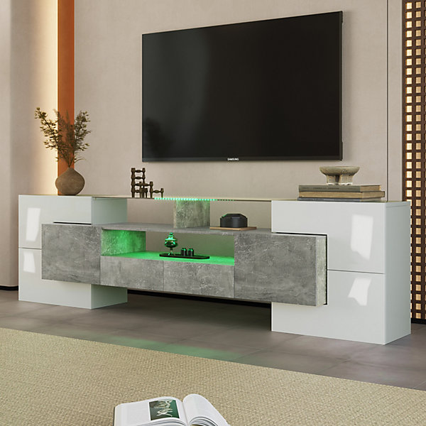 Meuble TV élégant 200 Cm, éclairage LED, Meuble De Salon, Design Moderne, Blanc   Gris