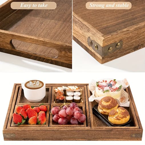 NNETM Rustic Wooden Tray Set with Handles (7pcs)