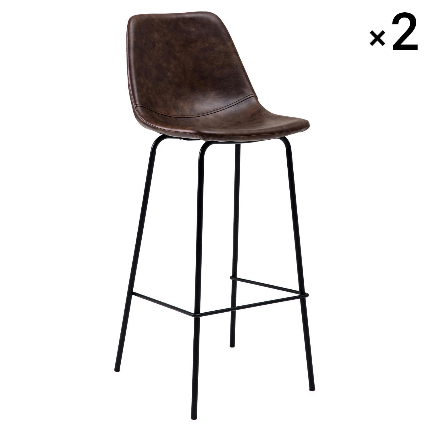 LUCIEN - Lot de 2 tabourets de bar vintage 75cm en simili cuir marron