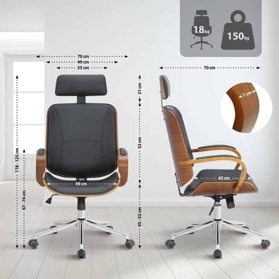 CLP Bureaustoel Dayton walnoot Frame - Kunstleer - walnoot/zwart