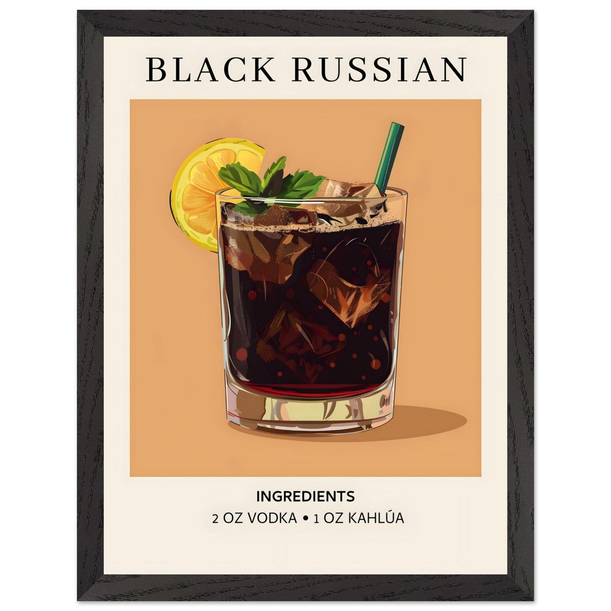 Artfulprints Poster met Lijst Black Russian cocktail - Ingrediënten  - 30x40 cm - Bruin
