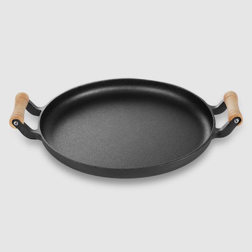 SOGA 31cm Cast Iron Frying Pan Skillet Steak Sizzle Fry Platter With Wooden Handle No Lid