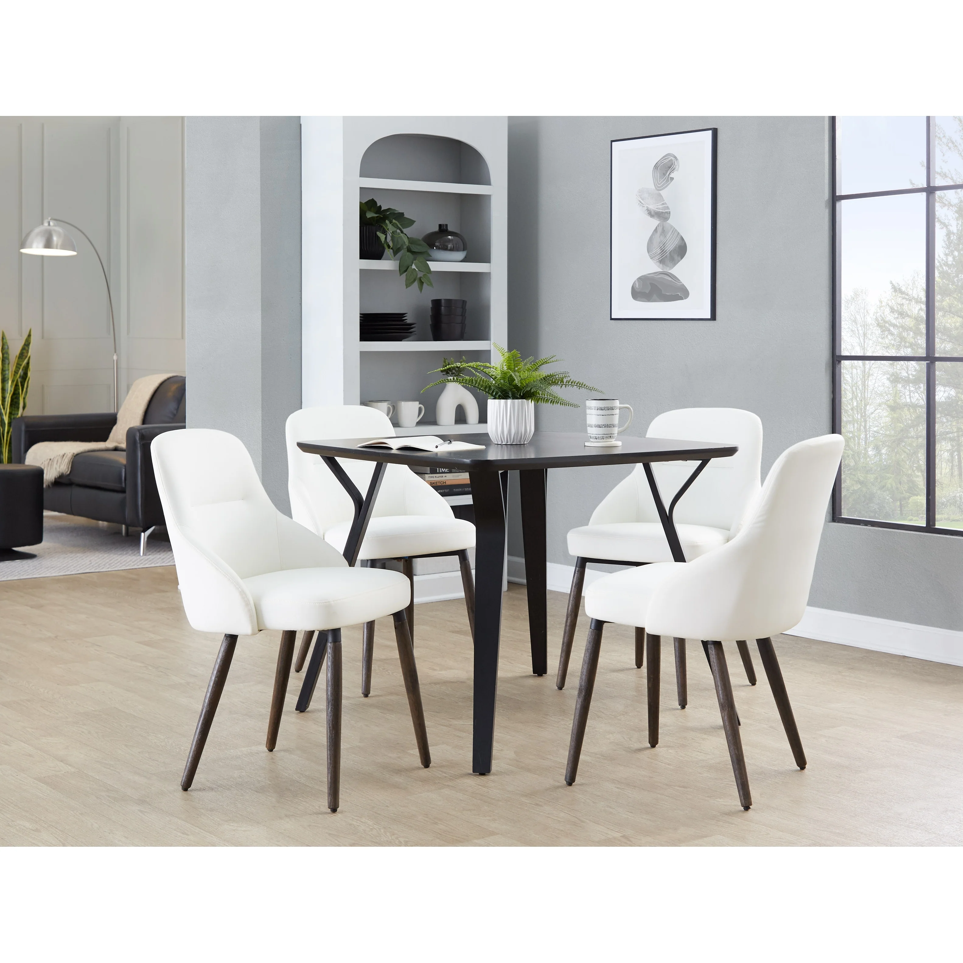 York Upholstered Contemporary Chair in Dark Walnut Wood - Set of 2