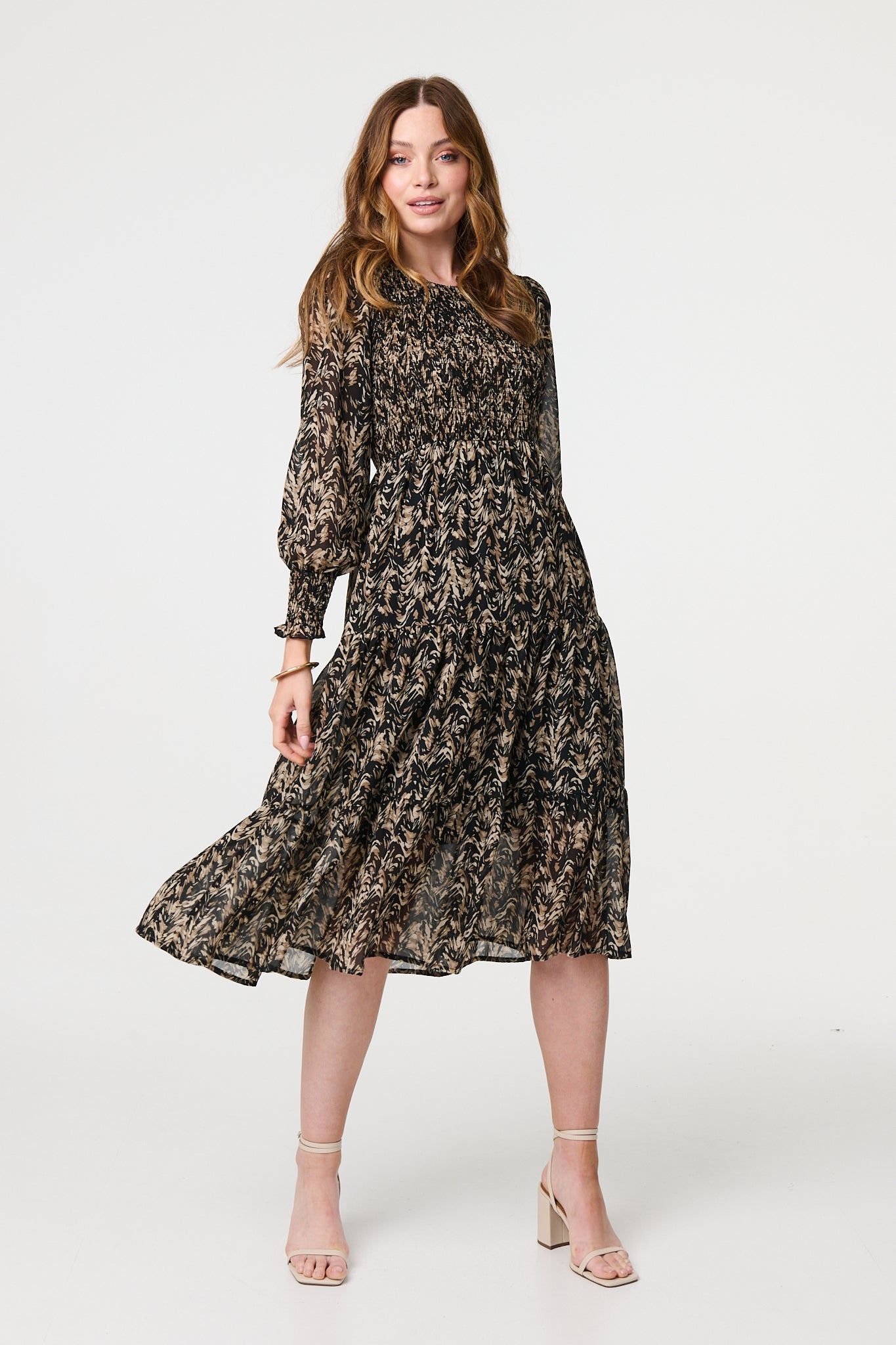 Izabel London Printed Long Sleeve Semi Sheer Smock Midi Dress