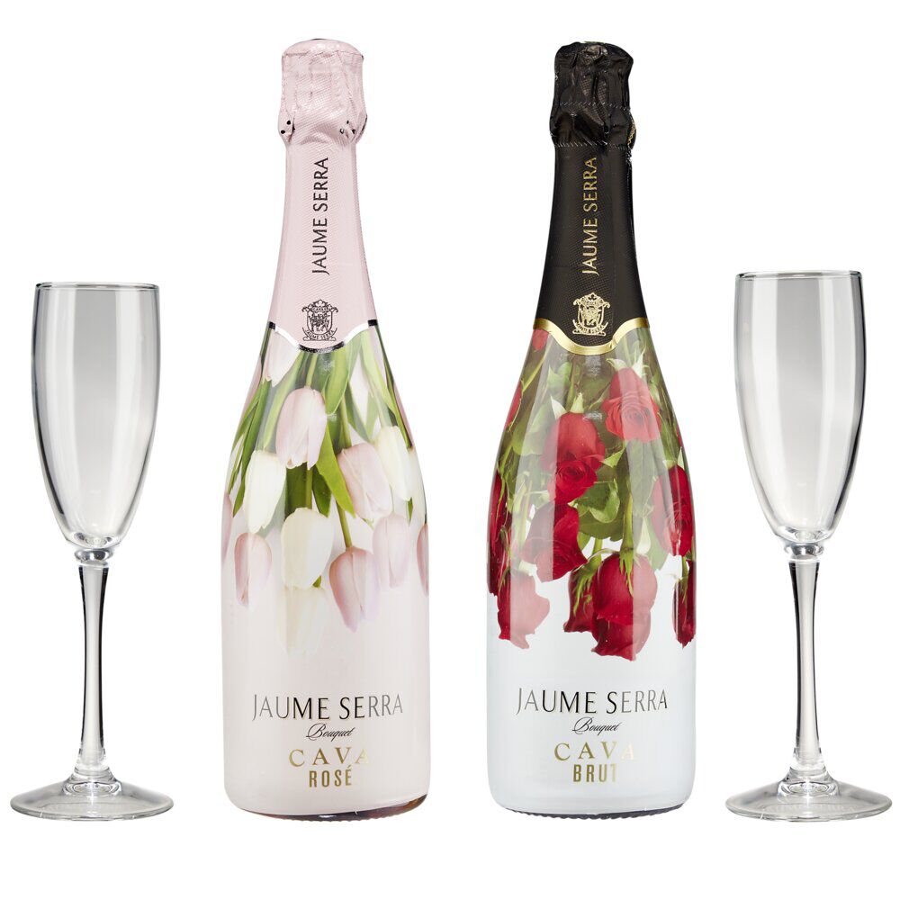 Coffret vin pétillant Cava Jaume Serra bouquet 2 bouteilles brut et rosé avec fl&ucirc;tes 2x75cl
