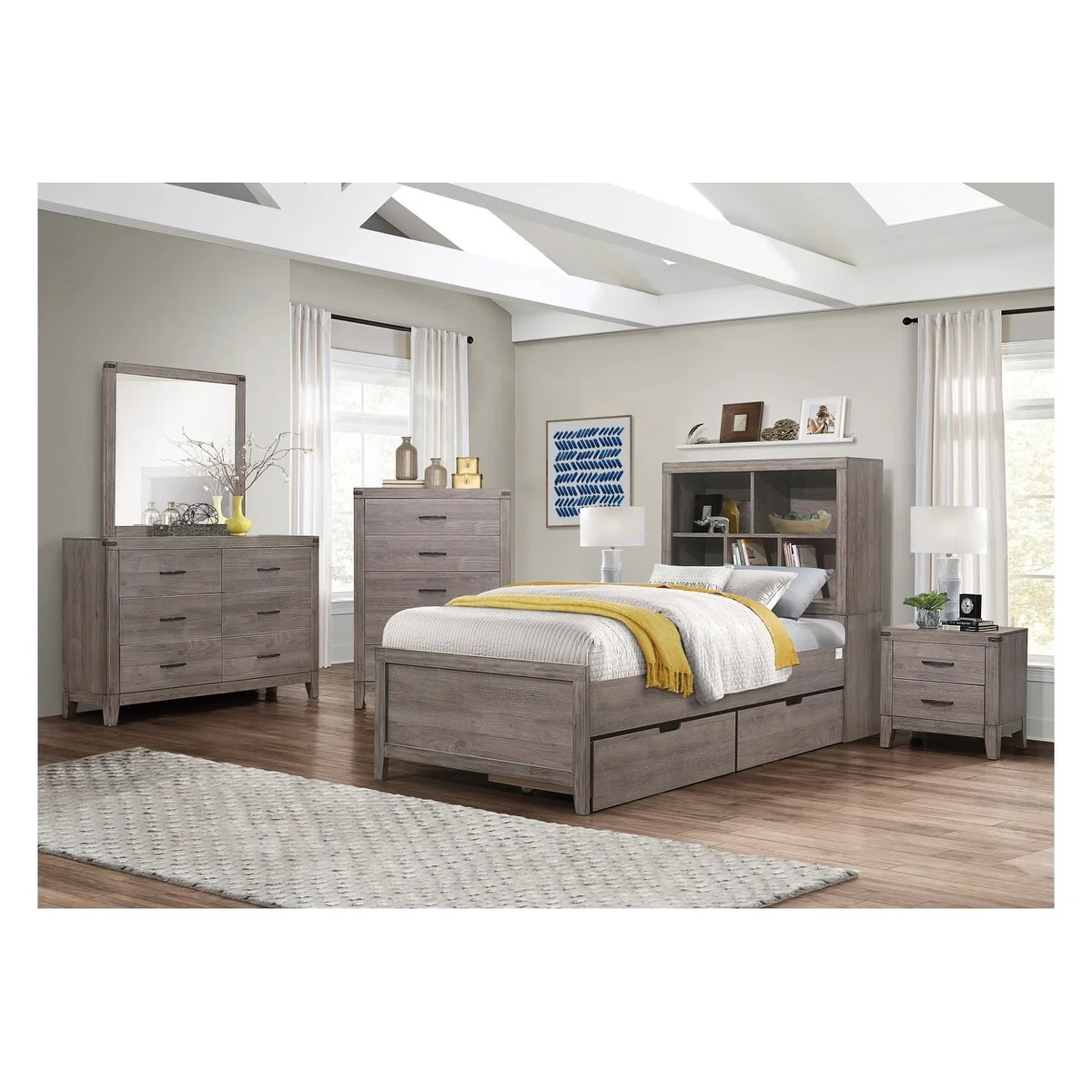 Sidney 5 Piece Gray Bookcase Storage Panel Bedroom Set