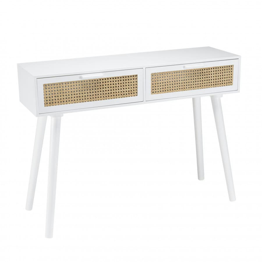 SANDRO - Console blanche 2 tiroirs cannage naturel