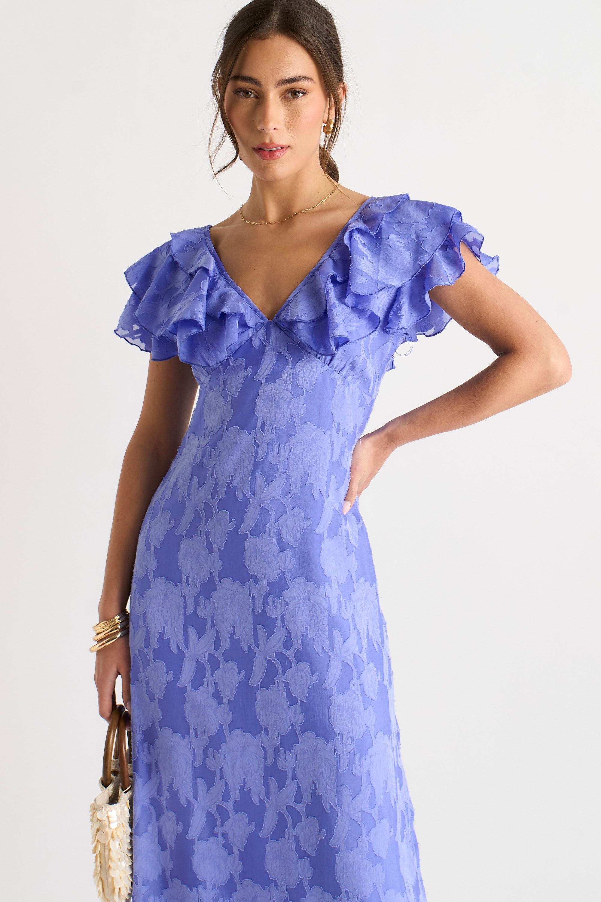 Gini London Blue Satin Jacquard Ruffle Maxi Dress