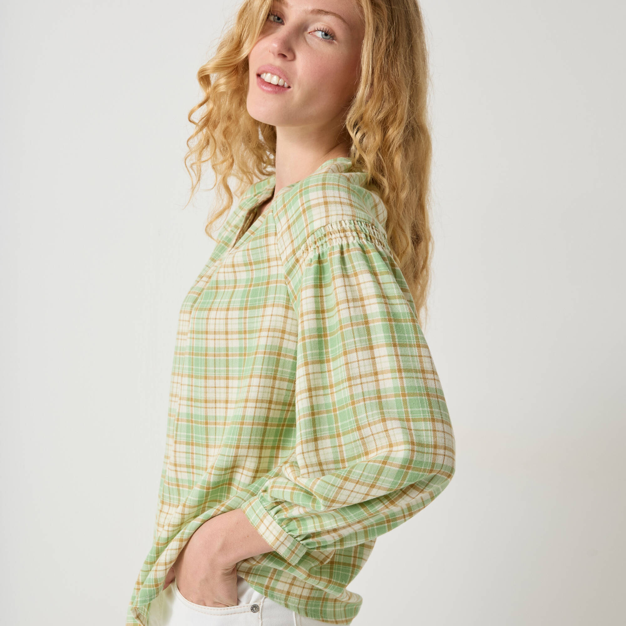 Blouse imprimée carreaux flanelle, manches 7/8