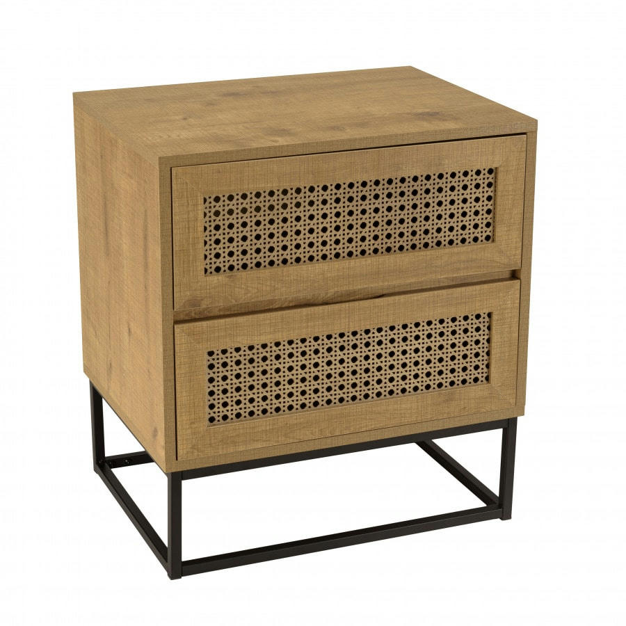 CHARLIE - Chevet marron 2 tiroirs effet cannage  pieds métal noir