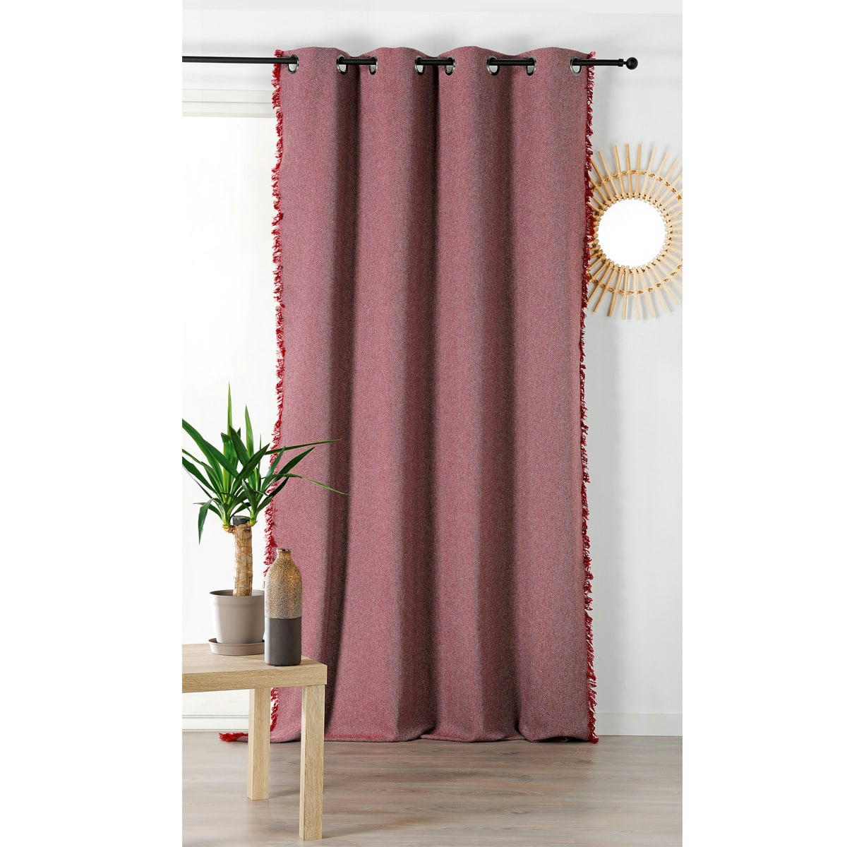 - Rideau uni rouge recyclé à franges