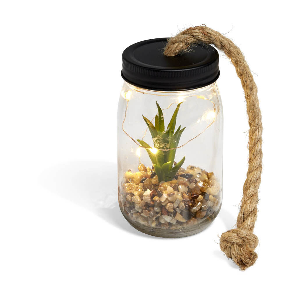Bocal en verre plante artificielle avec accroche corde jute