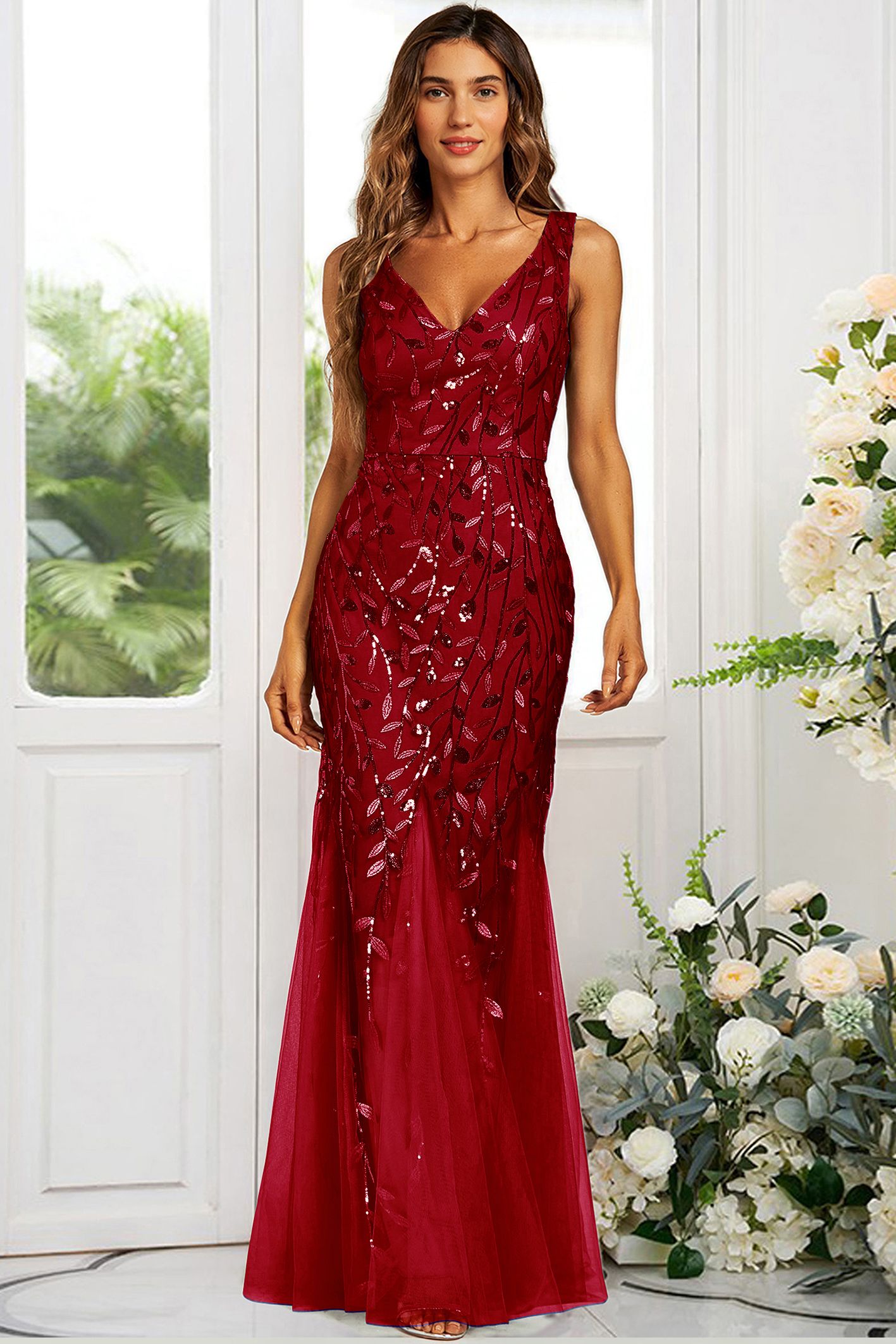 FS Collection Sequin Leaf Detailed V Neck Bridesmaid Maxi Dress In Wine