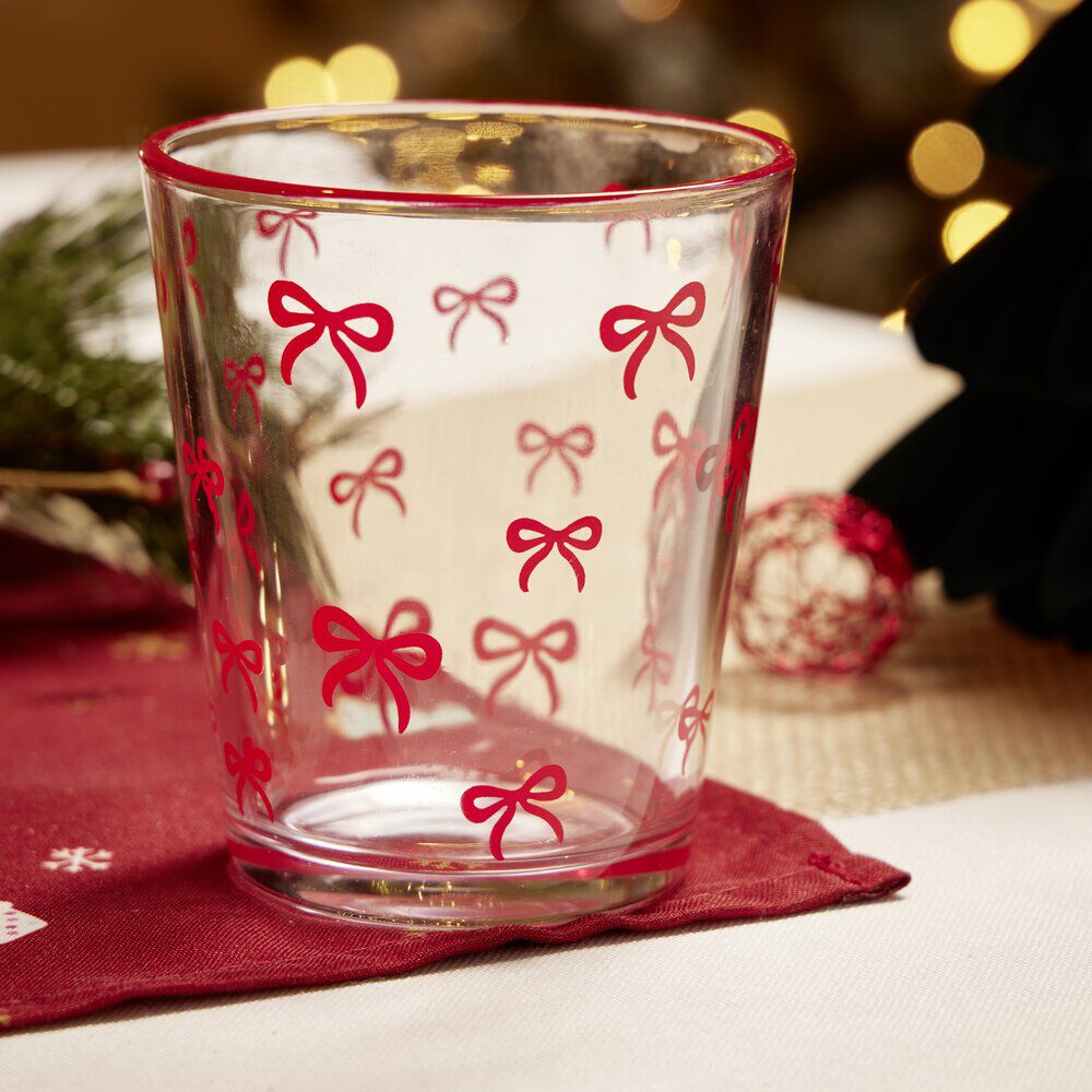 Verre bas transparent motifs noeuds roses Ø8,8xH10cm