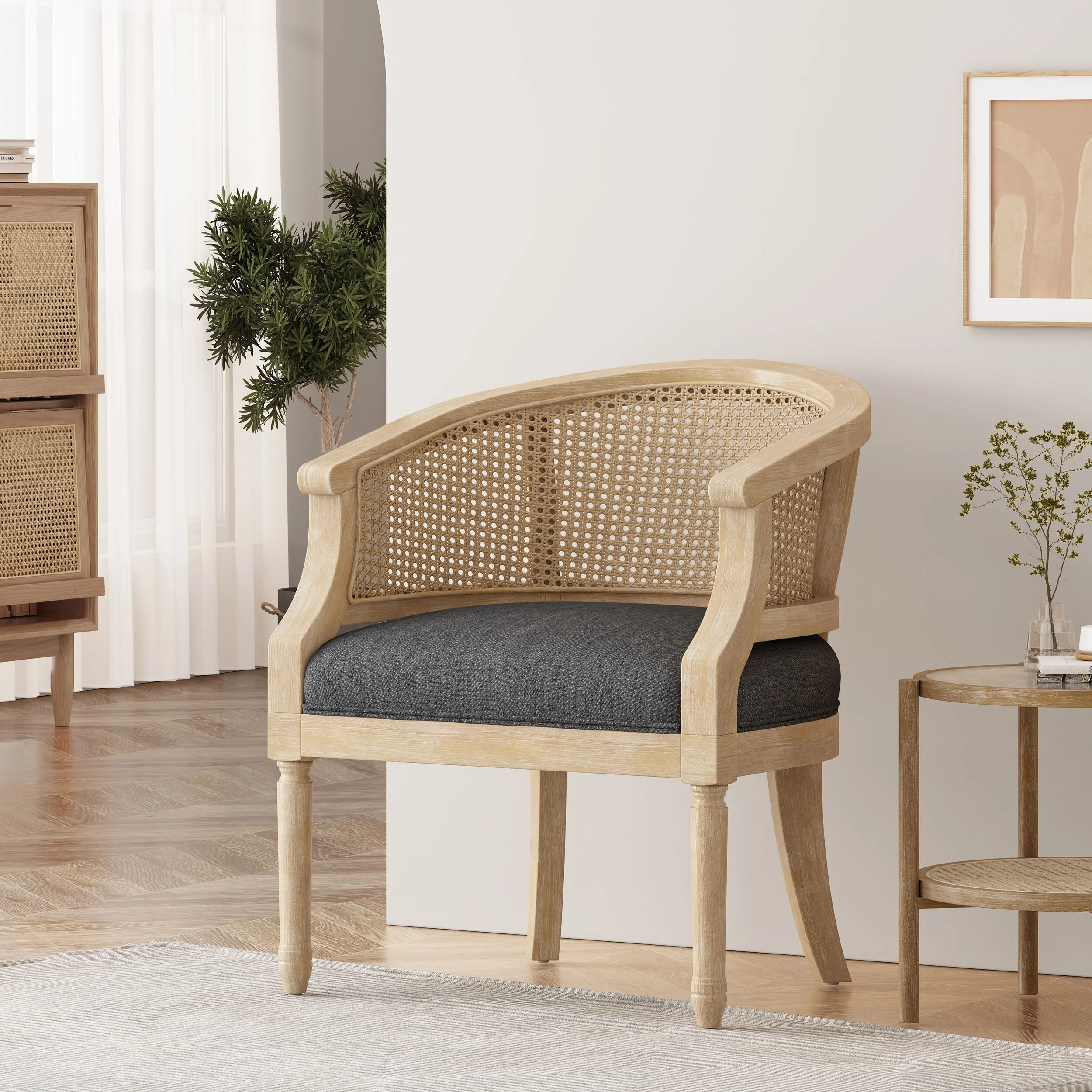 Roomfitters Natural Rattan Barrel Accent Chair, Cane Woven Backrest with Upholstered Seat
