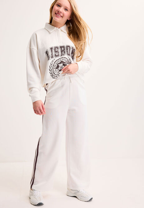 Older Girls Cream Side Stripe Wide Leg Joggers