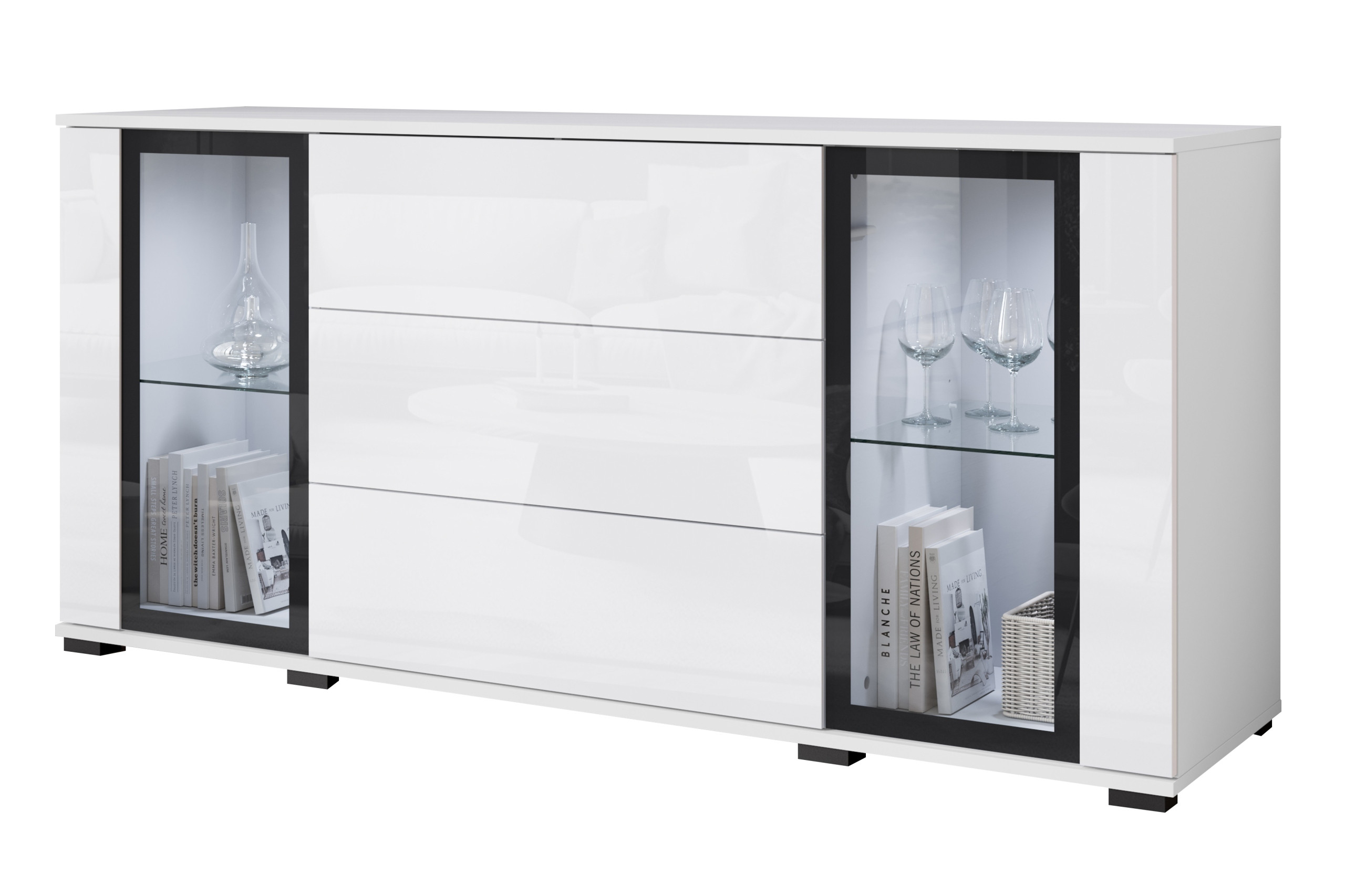 Komoda 150 cm witryna ze szkłem, szuflady półki, biały mat/połysk z LED