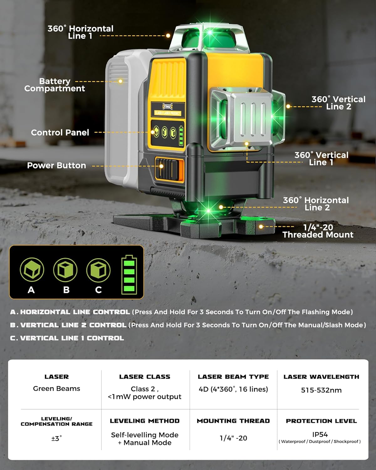 DIYtoolifz Laser Level Compatible with DeWalt 20V Battery, 4D 4x360° Self Leveling, 4 Way Green 16-Line Lazer Leveler Tool for Construction Project, Floor Tile, Home Renovation, Indoor Use, NO Battery