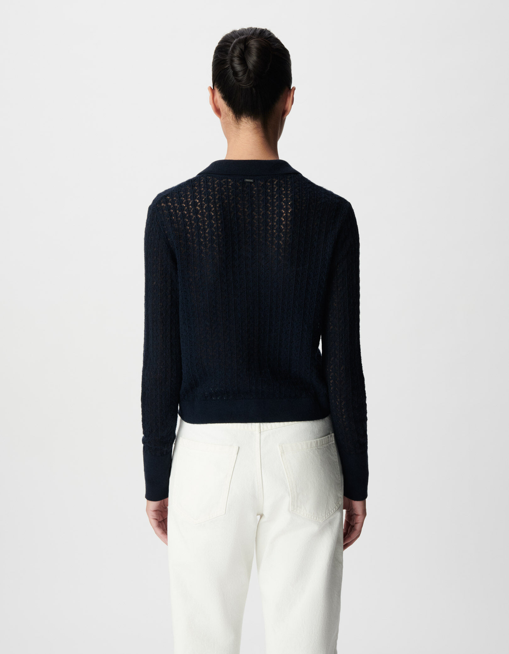 Cardigan court marine tricot fantaisie ajouré Femme