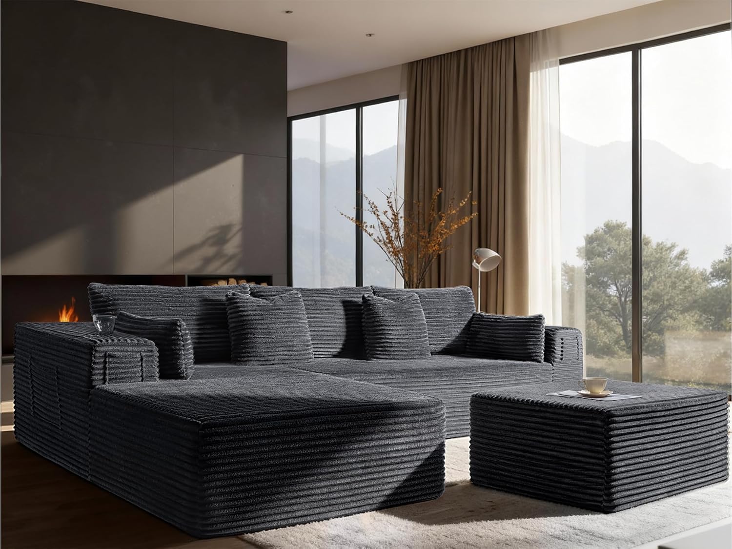 108 Cloud Sectional Couch, Comfort U Shaped Boneless Couch for Living Room, Extra Deep Seats No Assembly, Minimalist Modular Sofa, Corduroy (Dark Grey, 2 Seater+Left Facing Chaise+Ottoman)