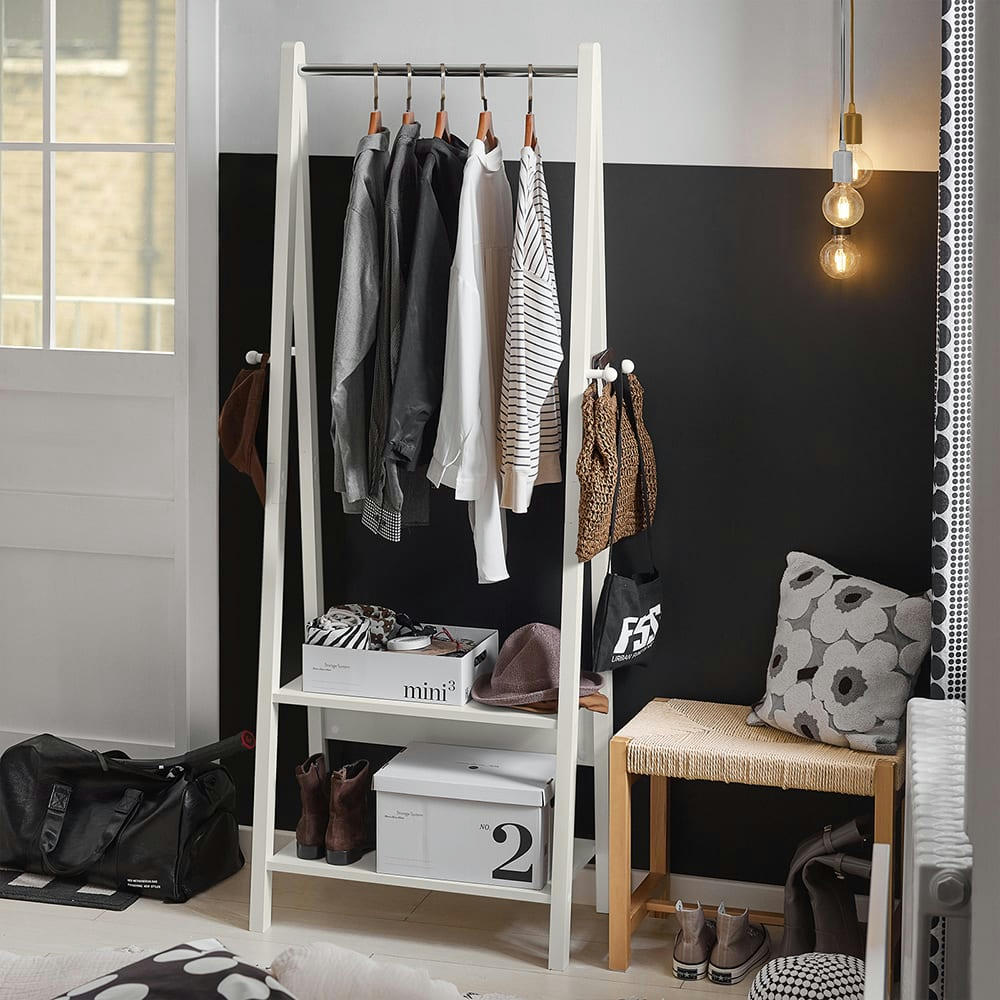 - Porte-Vêtement 2 étagères effet bois blanc