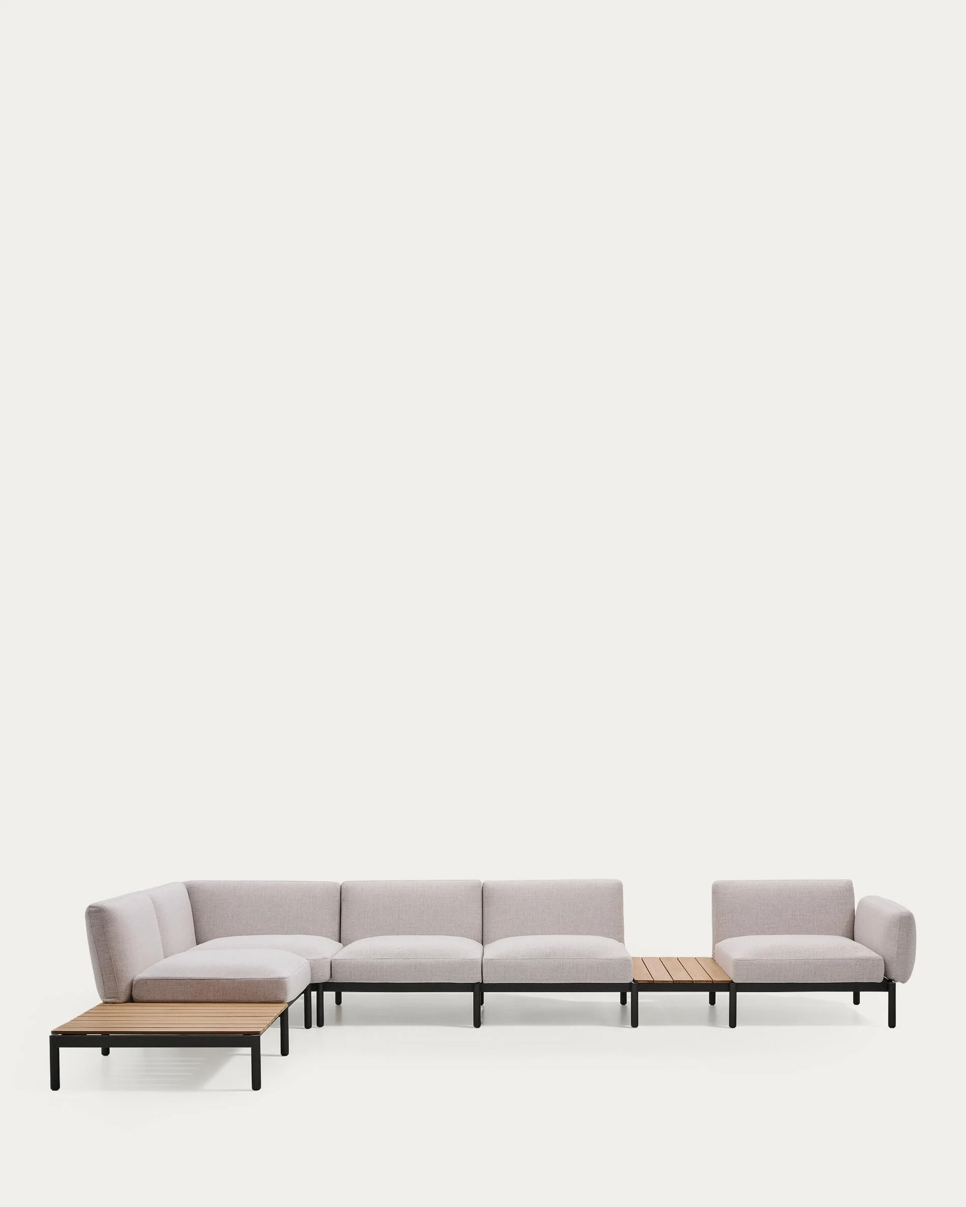 Sorells outdoor modular 5-seater corner sofa with beige upholstery and grey aluminium with teak tables 277 x 446cm FSC 100%