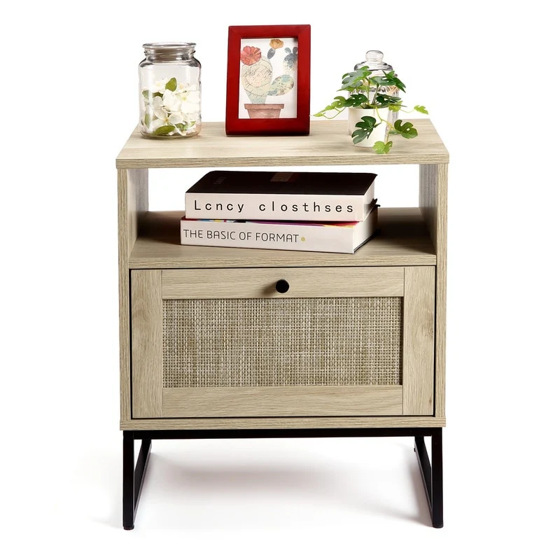 Rattan Nightstand, Boho Bedside Table End Table with Storage Drawer & Metal Legs for Bedroom
