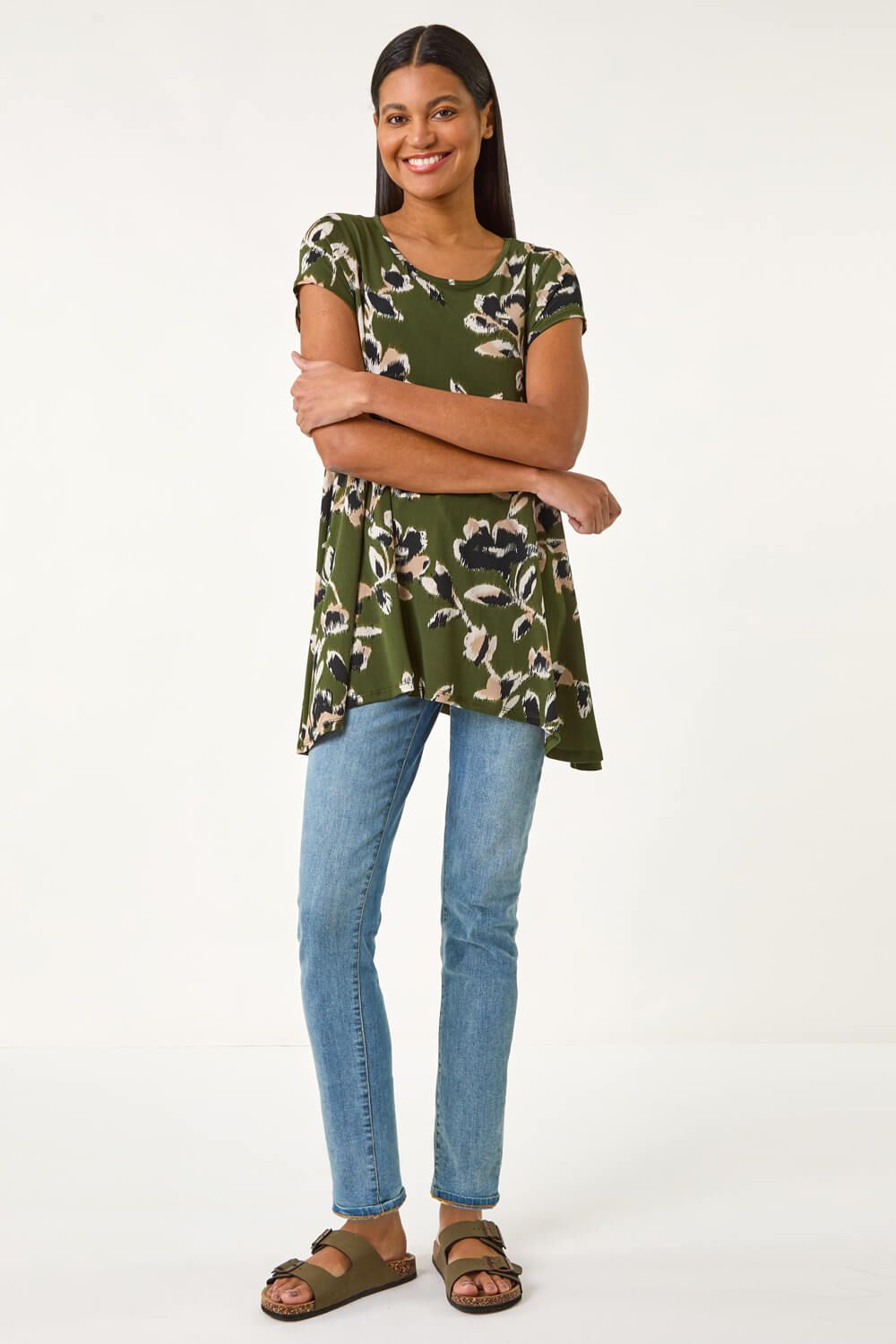 Roman Leaf Print Hanky Hem Tunic Top