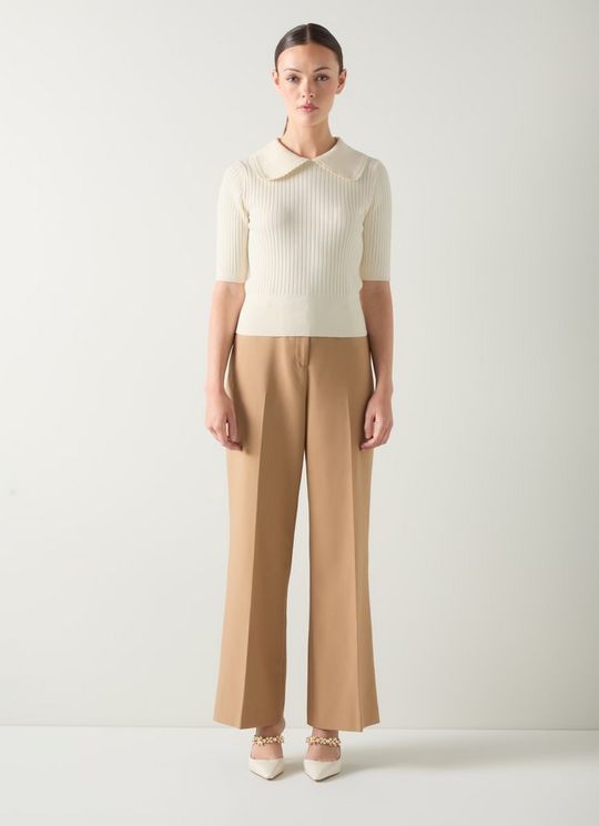 Ophelia Ivory Cotton Scallop Collar Ribbed Knitted Top