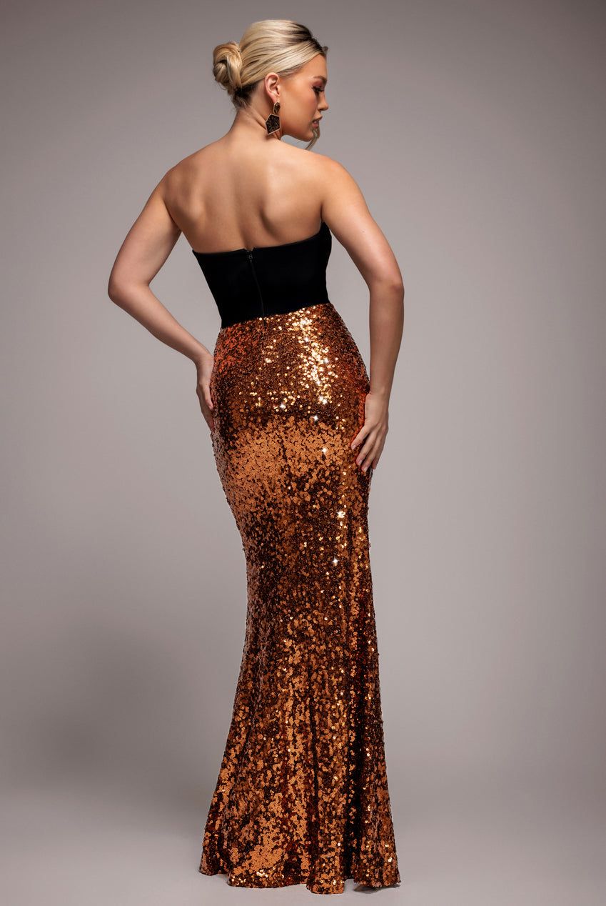 Goddiva Scuba Crepe & Sequin Dipped Waist Strapless Maxi Dress