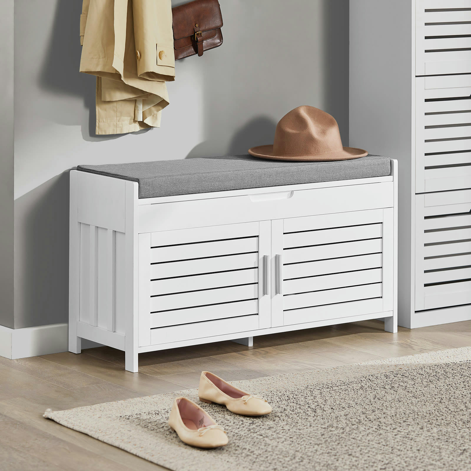 - Banc d'entrée 2 portes effet bois blanc