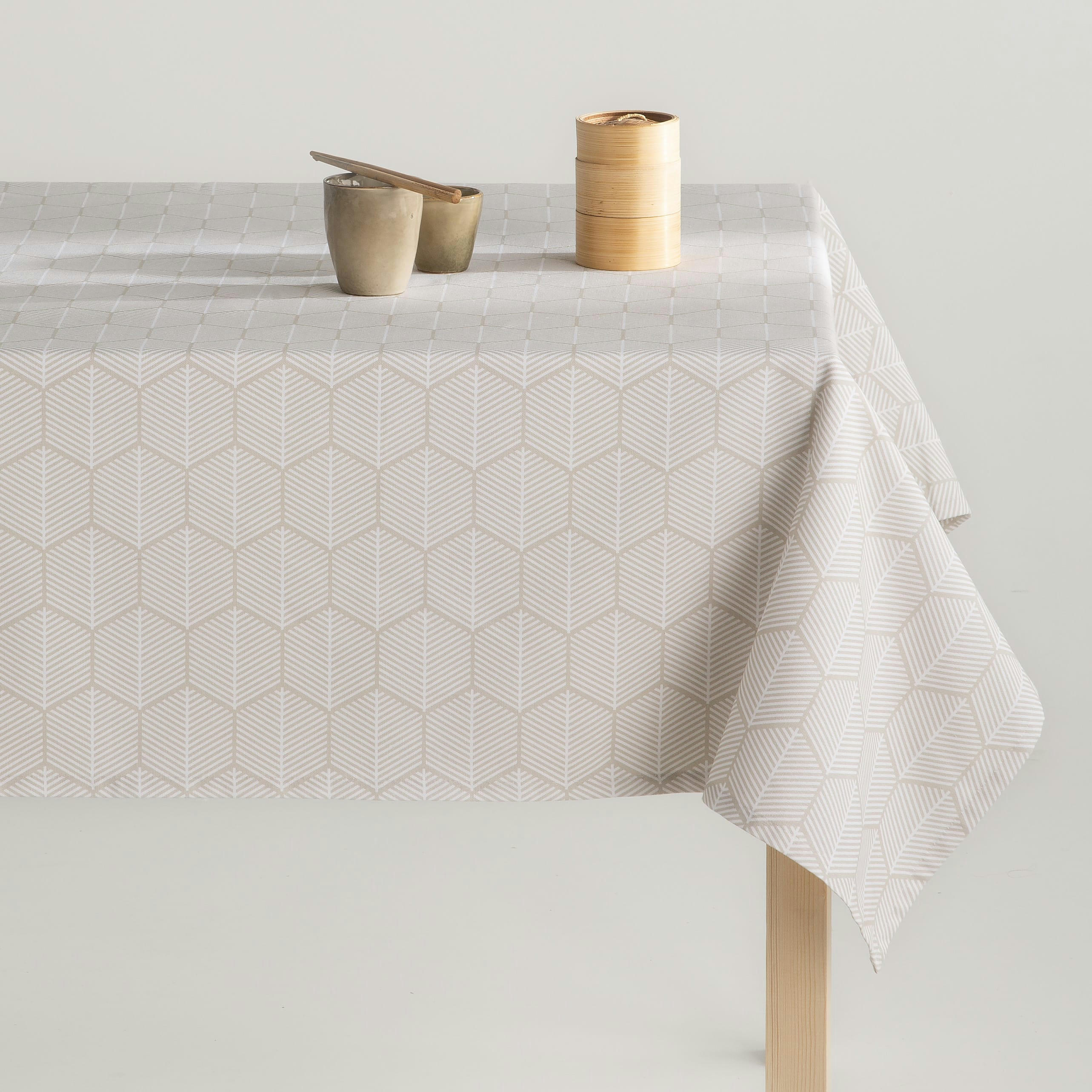 ZAFIR NATURAL - Nappe en coton biologique antitâche beige géométrique 140x140 cm