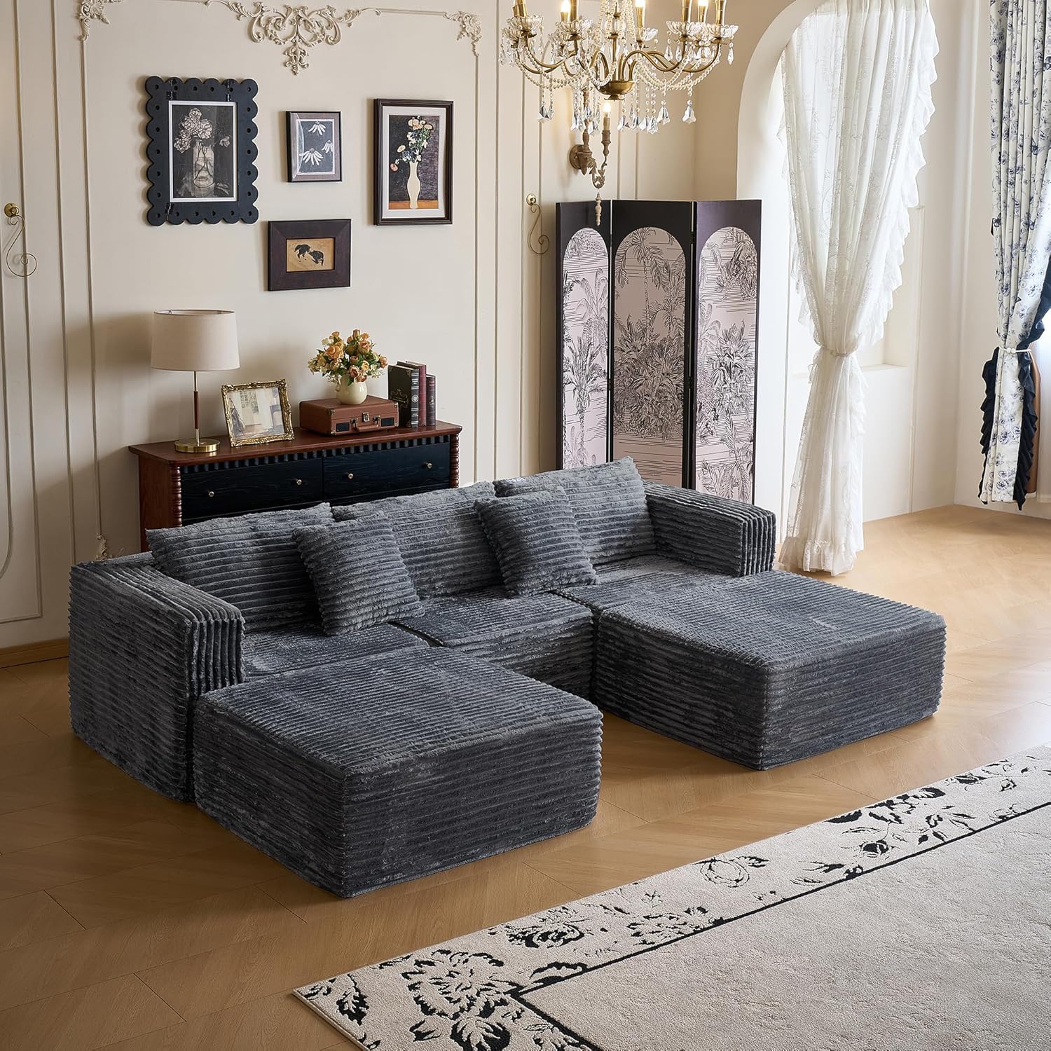 110 Modular Sectional Couch with 2 Movable Ottoman, Cloud Sofa Couches for Living Room, U Shaped Deep Seat Boneless Sofa,Luxury Corduroy Fabric, No Assembly Required Grey