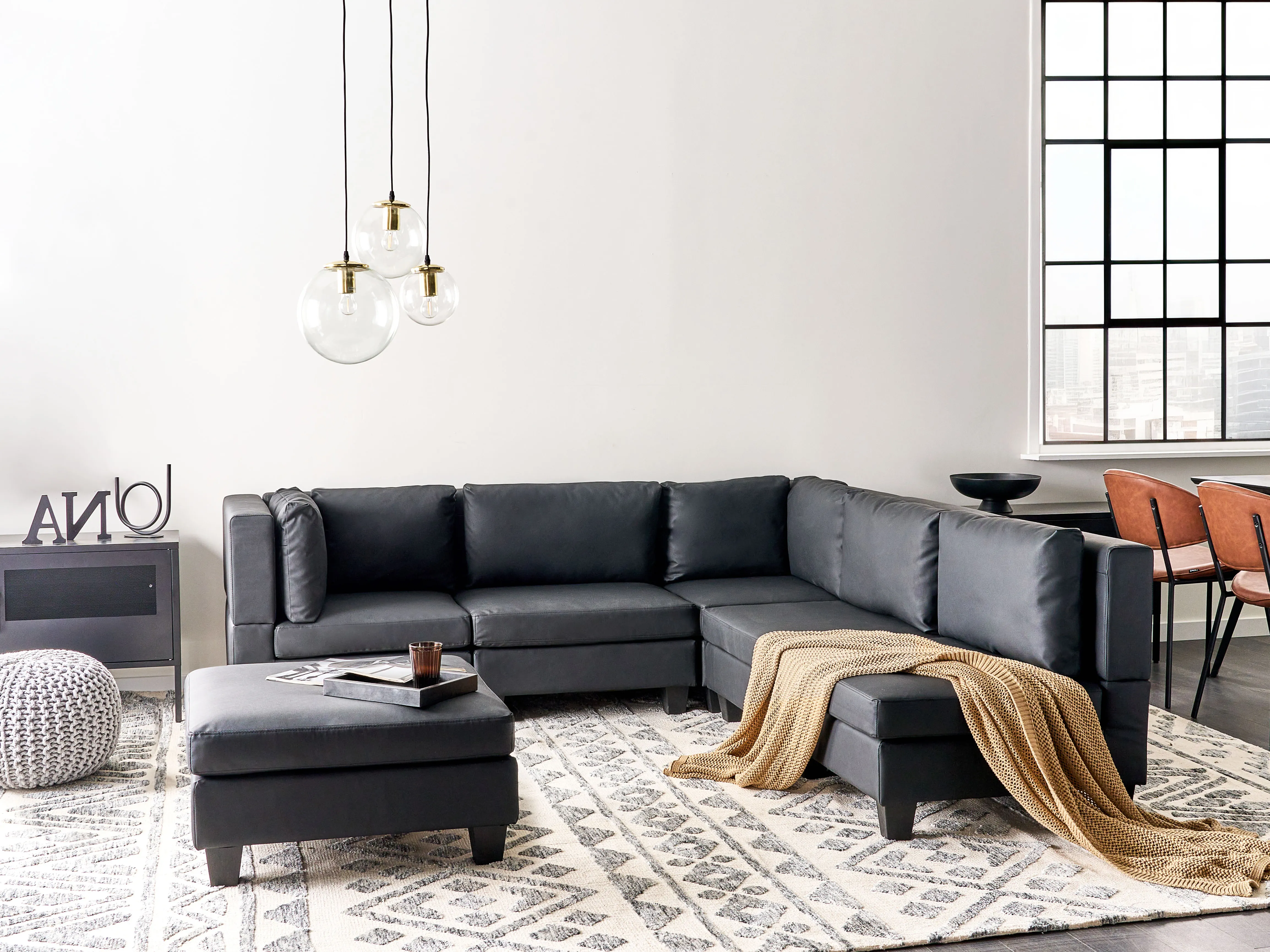 Modular Corner Sofa 5 Seater UNSTAD Faux Leather Black with Ottoman Left Hand