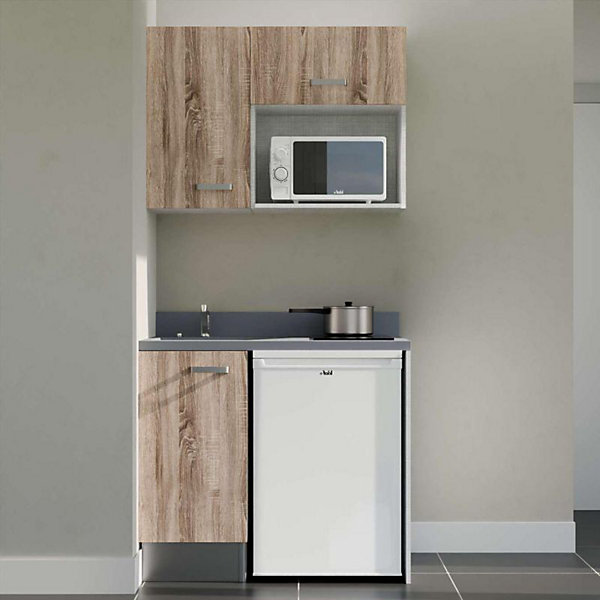 Kitchenette K00 - 100 cm - façades Bois - Plan monobloc en quartz coloris Cromo évier à gauche - Electroménager Blanc