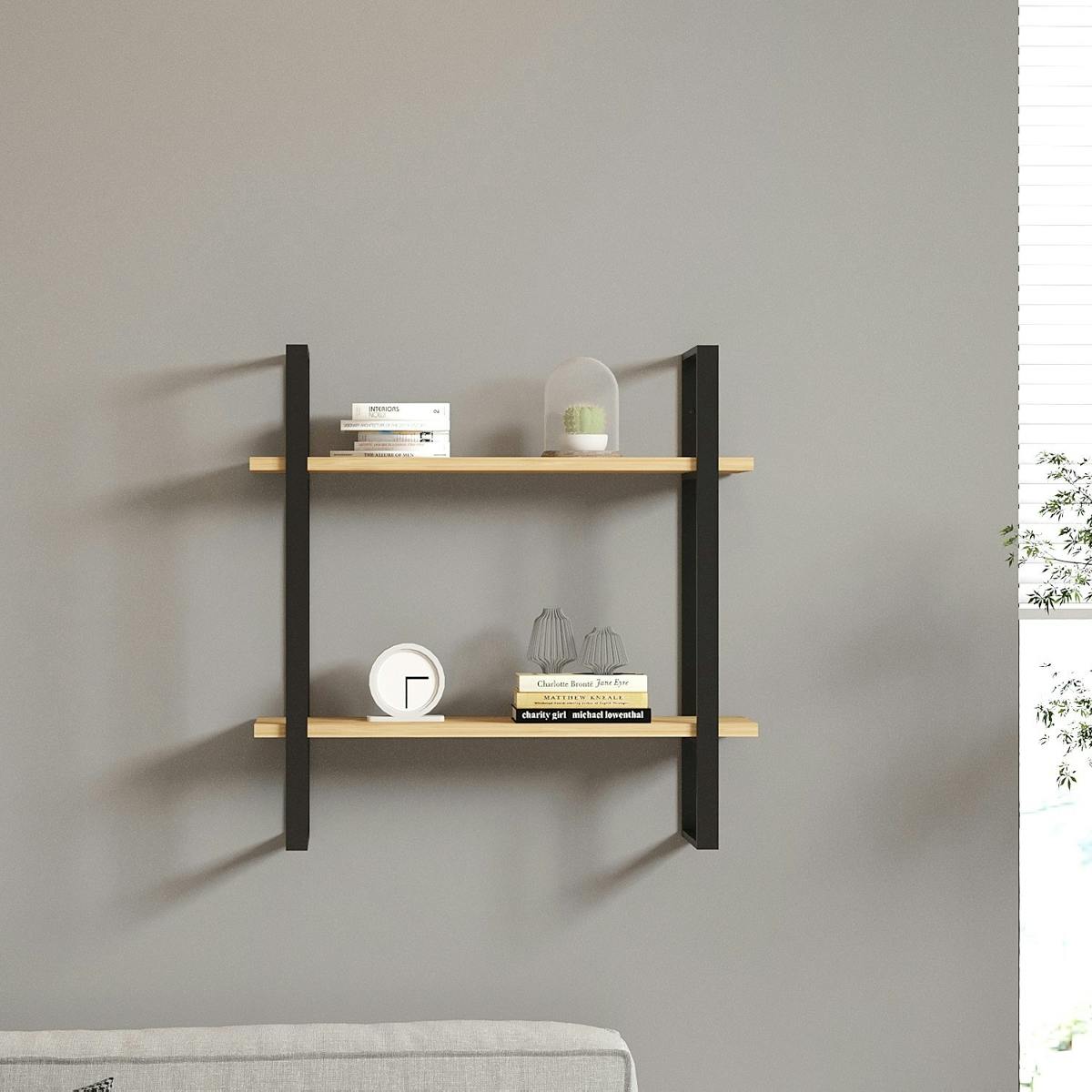 Étagère murale moderne décor bois clair et cadres métal JENA