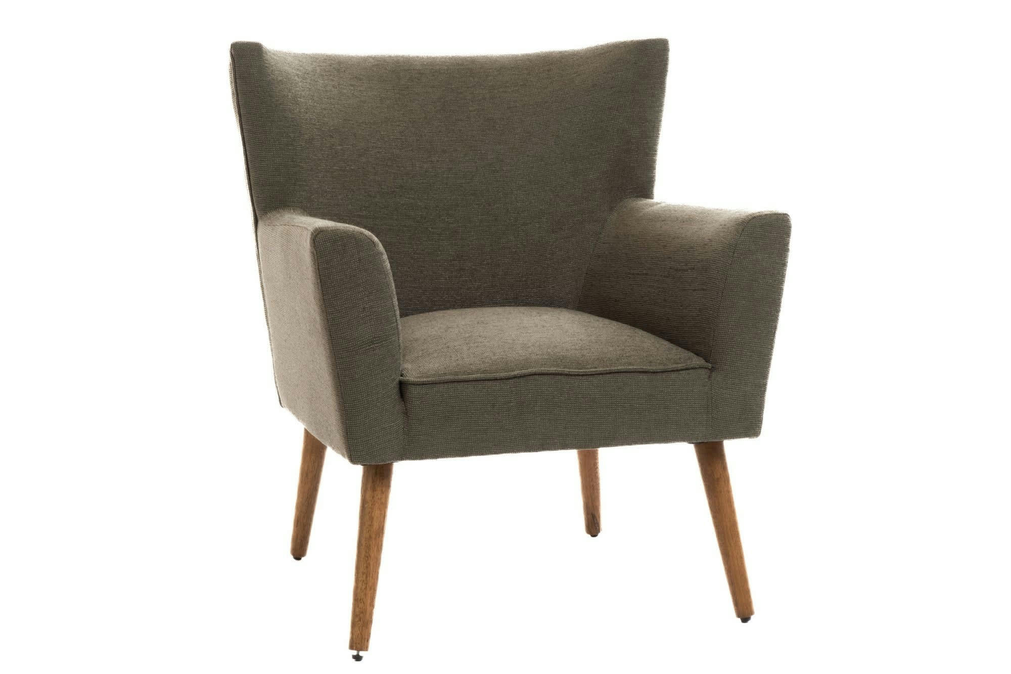 HERON - Fauteuil à accoudoirs en tissu uni kaki et pieds en bois