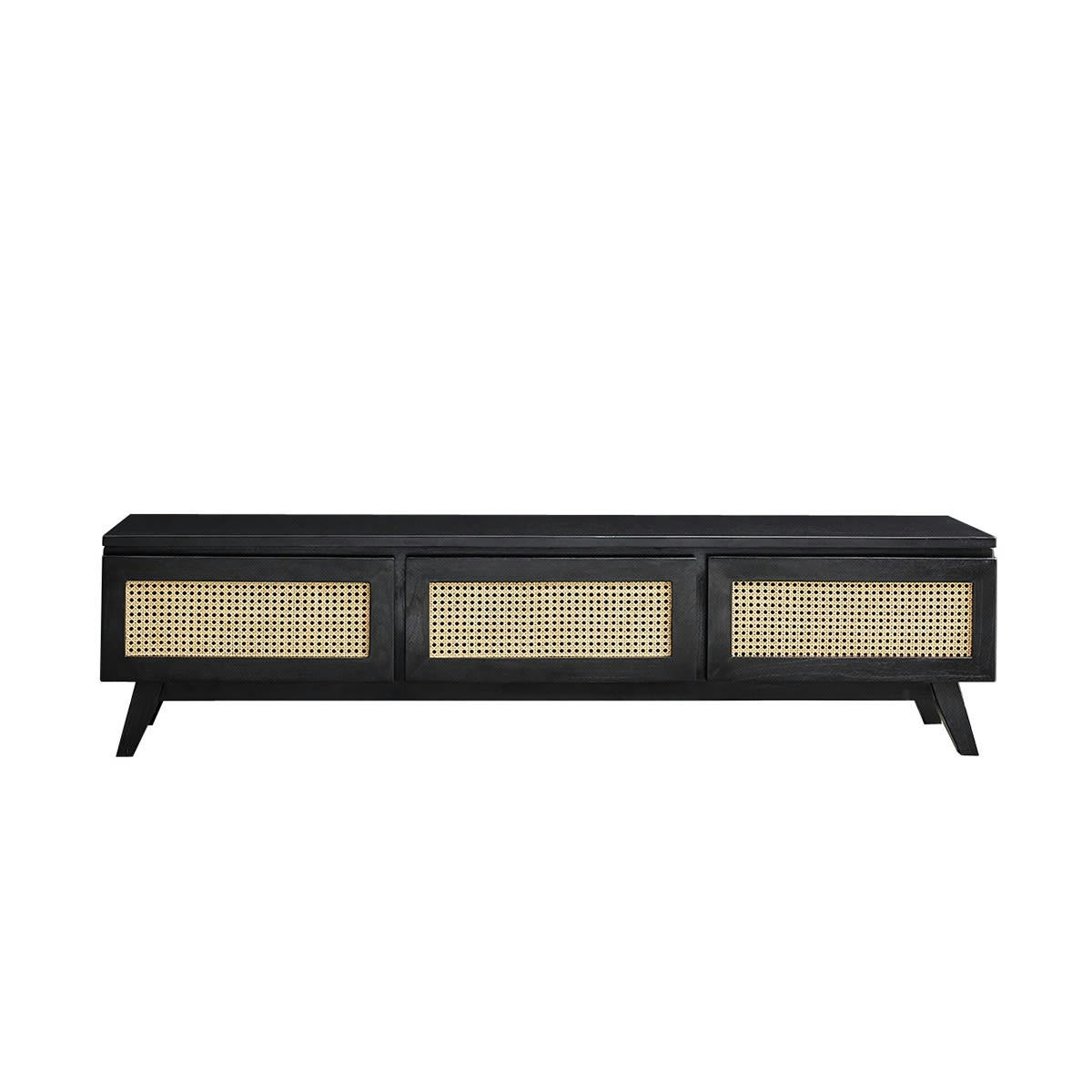 ISÉE - Meuble TV en mindi massif 3 portes cannage 160 cm noir