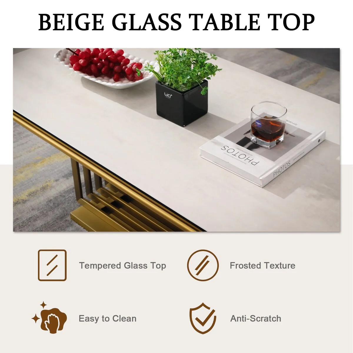 Luxurious 50 inch Glass Coffee Table with Brushed Gold Stainless Steel Base