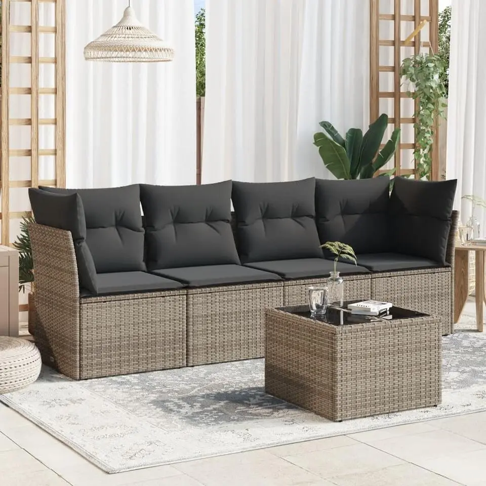 vidaXL 4-delige Loungeset met kussens en tuintafel - Grijs - Poly Rattan