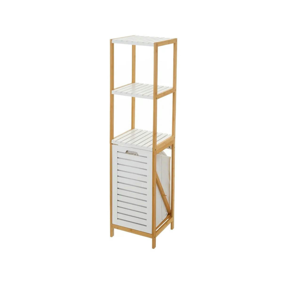 - Étagère salle de bain avec panier à linge blanc et bambou