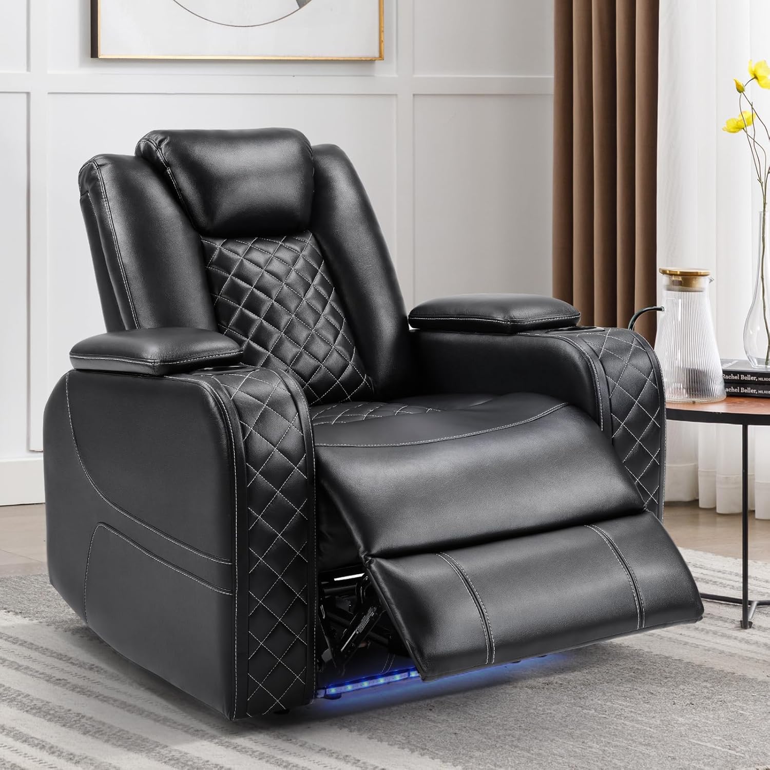 CANMOV Electric Power Recliner Chair with Adjustable Headrest,Breathable Faux Leather Home Theater Seating with Ambient Lighting,Cup Holders,Hidden Arm Storage,USB,Type-C Ports,Black