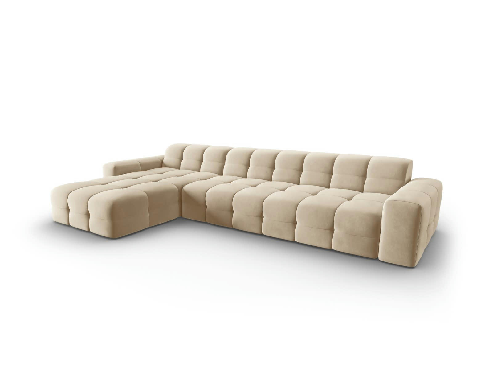 KENDAL - Canapé d'angle gauche 5 places en tissu velours beige clair