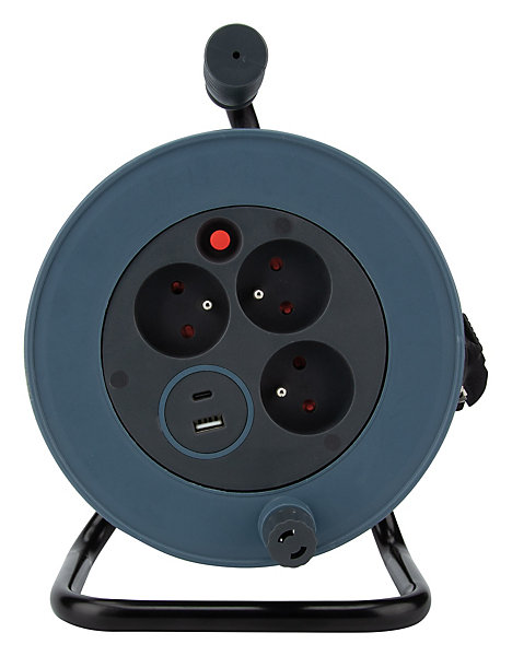 Enrouleur 12m 3 prises   2USB - gris - Zenitech