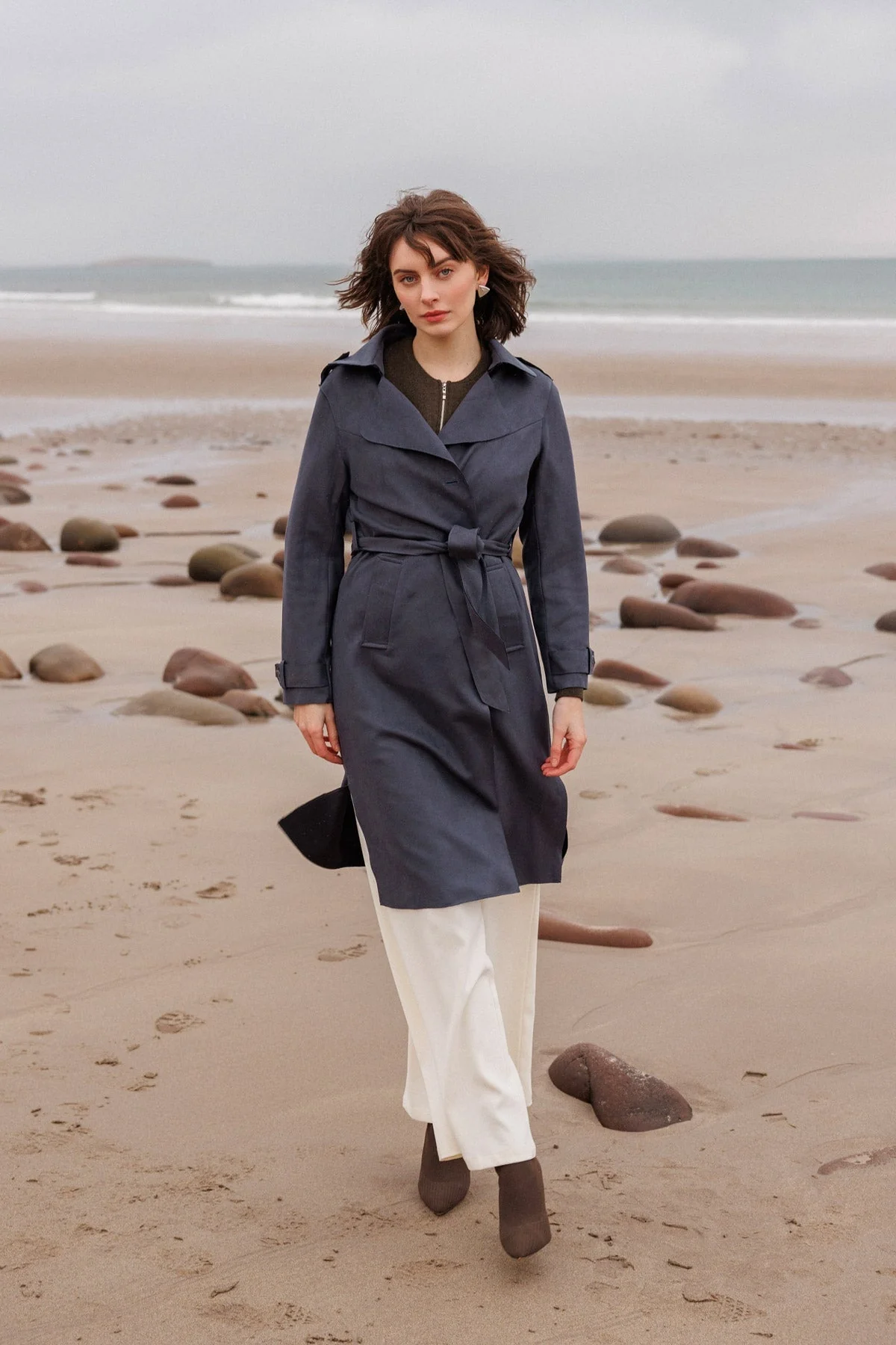 Belted Twill Trench Coat in Navy