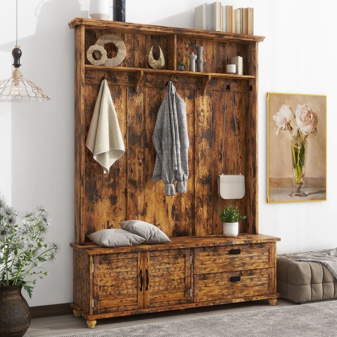 Modern Style Hall Tree with Storage Cabinet and 2 Large Drawers