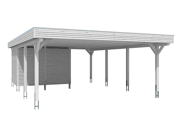 Carport SKAN HOLZ Spessart 611x846cm avec remise, bois lamellé-collé, traitement coloré blanc