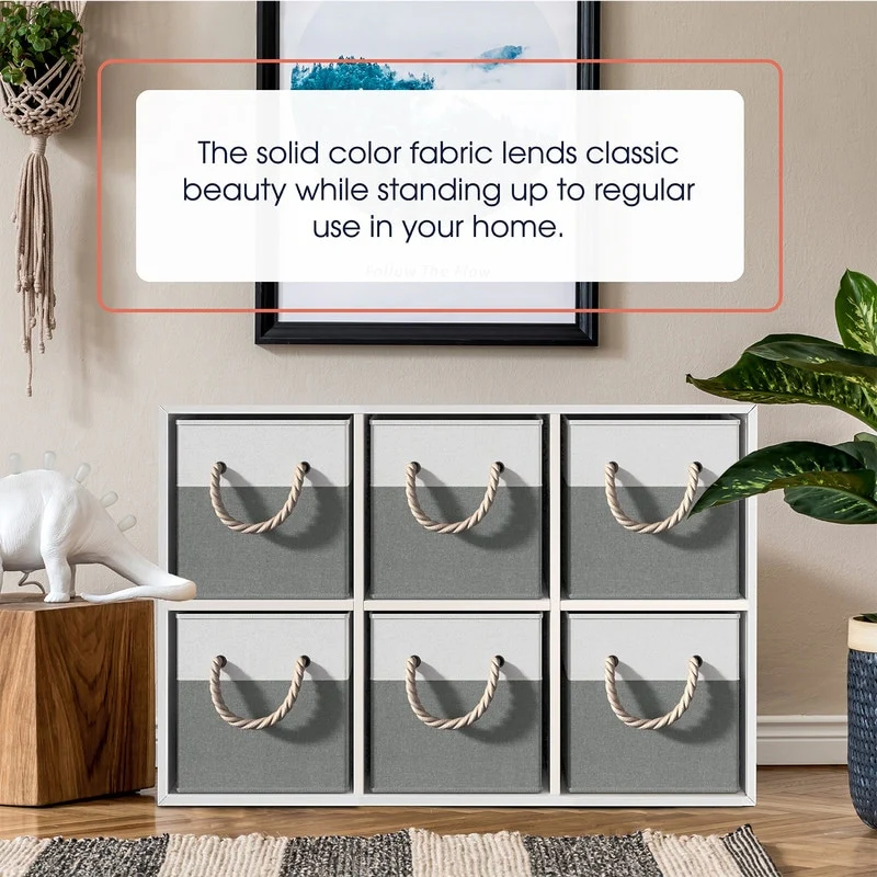Foldable Collapsible Storage Box Bins Linen Fabric Shelf Basket Cube Organizer with Rope Handles - Set of 6 - 13 x 13 x 13